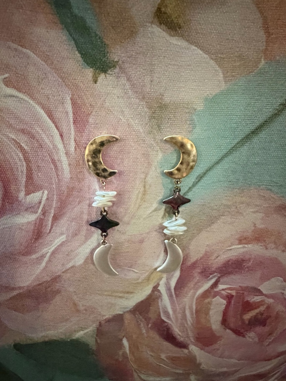 Torrid Hammered Gold and Silver Crescent Moon & Shell Drop Earrings